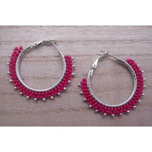 Earrings Beaded Hoops Berry & Silver